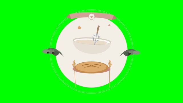 Cute Baking Animation with Mixing Bowl and Pie on Green