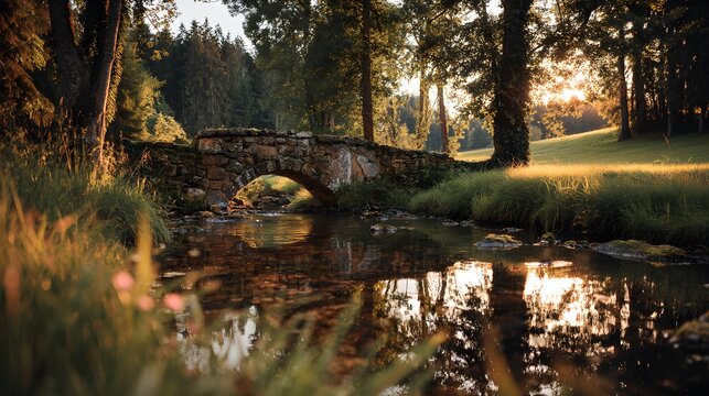Stone bridge crossing a small stream in sunlit forest
