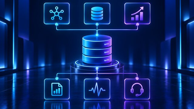 Futuristic glowing database server connected to digital business icons representing centralized data management and network analytics