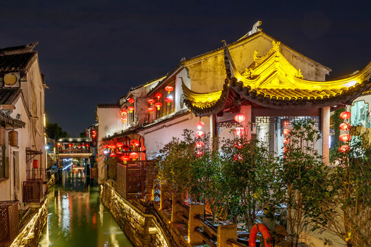 Suzhou, China, a view of the historic Shantang Street by night