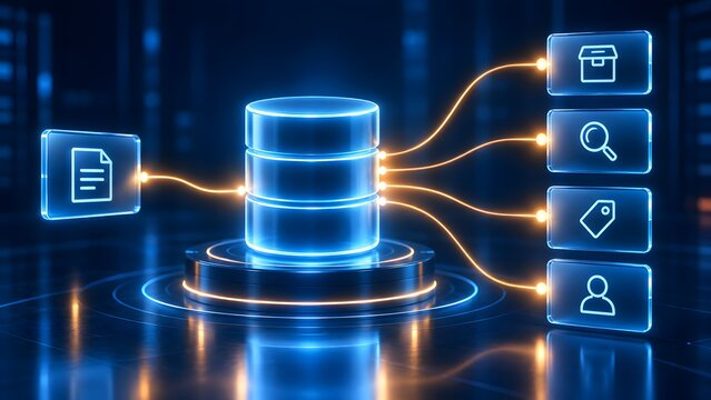 Futuristic database server connecting to digital panels with business icons representing customer relationship management and e-commerce data processing