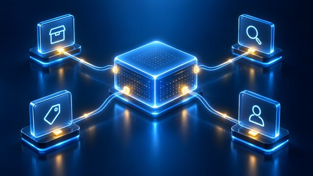 Central glowing database server connecting to digital panels with business icons representing e-commerce management and customer search analytics