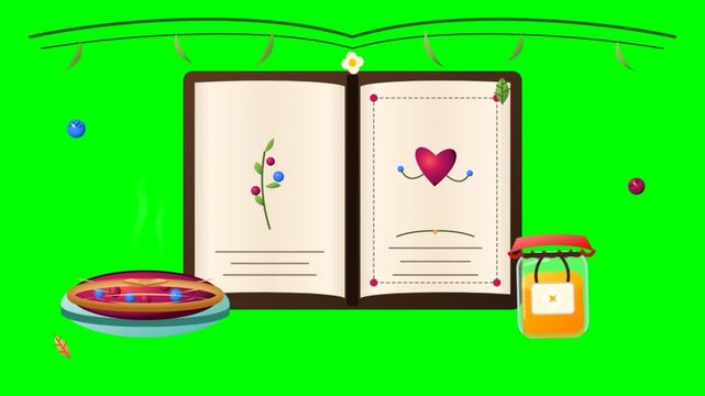 Open recipe book with berry pie and honey jar on