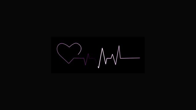Neon heart beating with pulse wave motion graphic video . Animated outline marker brush black heart background isolated transparent back ground