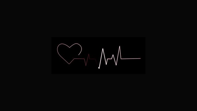 Neon heart beating with pulse wave motion graphic video . Animated outline marker brush black heart background isolated transparent back ground