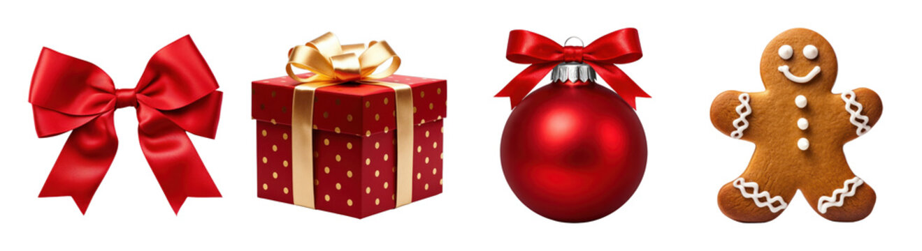 PNG Festive Christmas gift decorations with bow, box, ornament, gingerbread transparent background