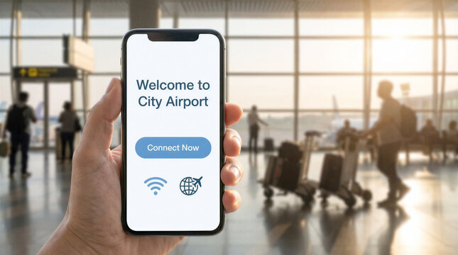 Passenger holding a smartphone with city airport free Wi-Fi connection screen in a terminal