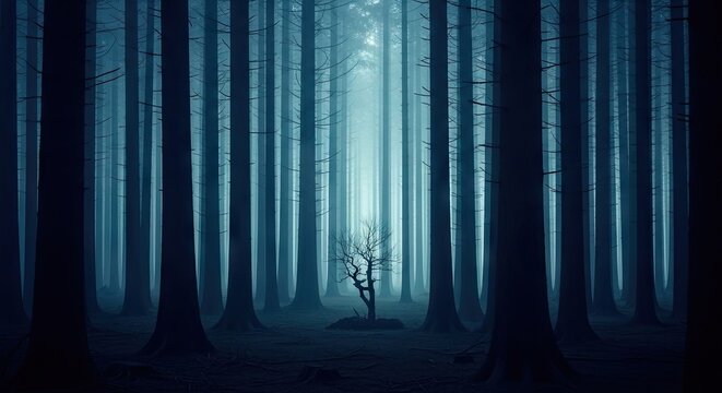 Dark misty forest with tall vertical pine trees.