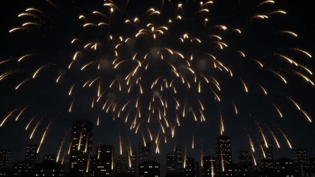 Vibrant fireworks explode over a dark cityscape at night celebrating a special occasion with dazzling light displays