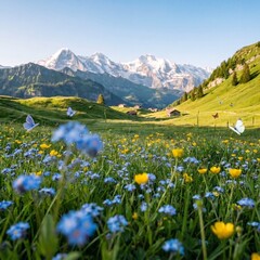 Fototapeta premium Alpine wildflower meadow, Swiss sunrise view