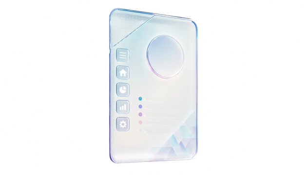 Modern translucent glass UI sidebar panel widget with glowing navigation menu icons and dashboard graphics isolated on clean white background for web app interface 3d render