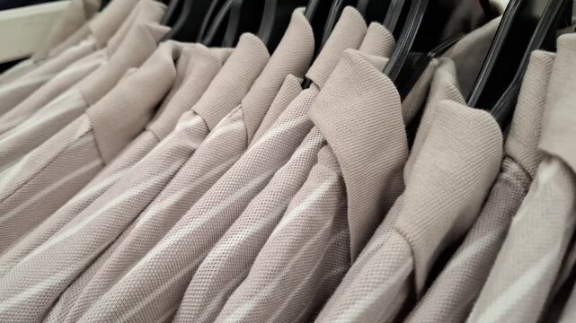 Many beige striped polo shirts hang on hangers inside a clothing store, fashion apparel retail, summer male wardrobe shopping, textile background textures.