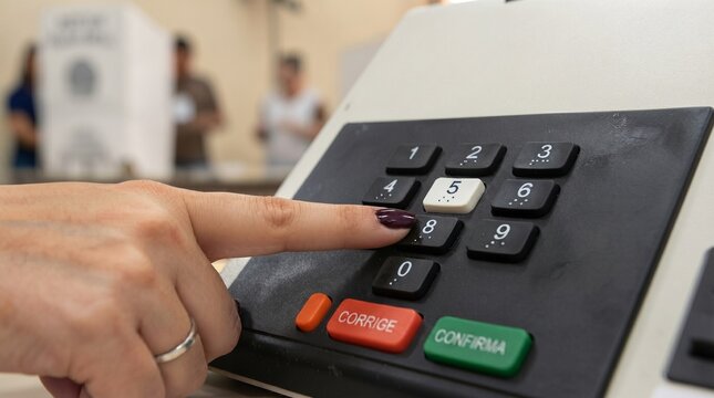 hand of voter entering candidate registration code on electronic voting device during democratic presidential or local elections process