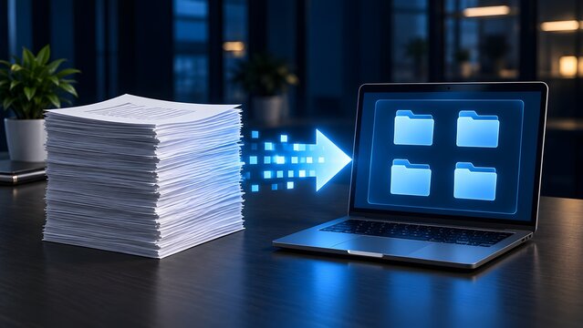 Digitization of paperwork concept showing stack of physical documents transforming into digital data on laptop screen