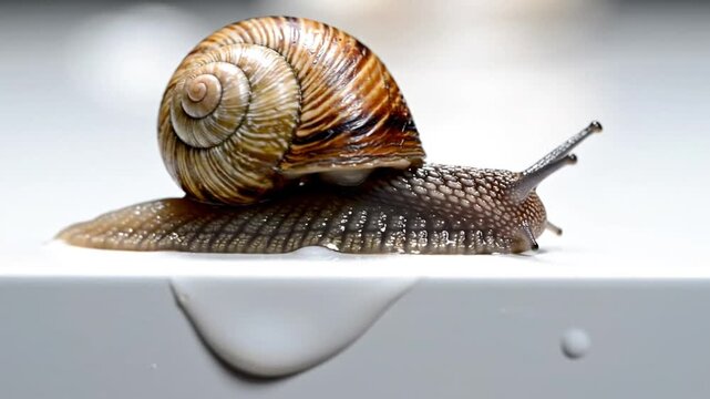 Close up view of a brown snail on a white surface with droplets, observing slow movement and textured detail