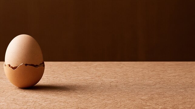 A cracked egg sits on a textured surface against a dark background.