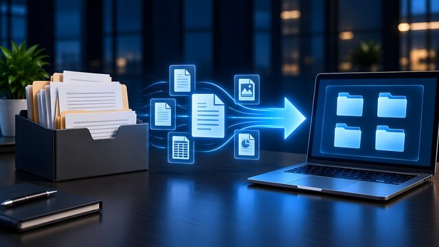 Paperless office transition concept showing physical files scanning into digital folders on laptop screen