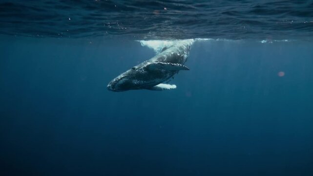 Whale swimming near ocean surface in deep blue water