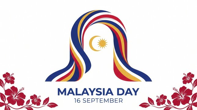 Malaysia day celebration greeting card design with national flag colors and hibiscus flowers isolated on white background