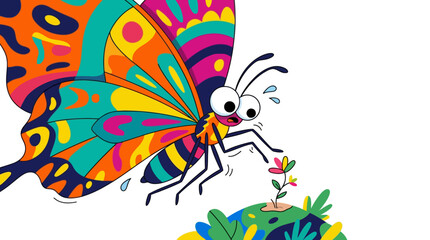 Fototapeta premium Colorful Cartoon Butterfly with Whimsical Face.