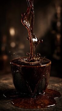 Dark coffee pours continuously into cup overflowing and looping upward in warm light