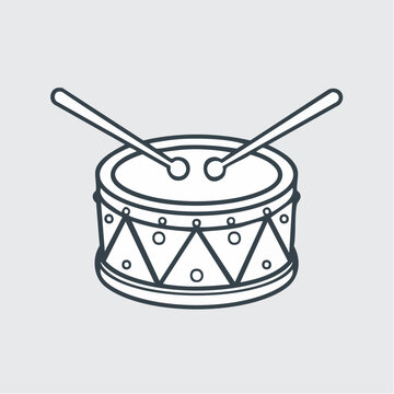 Vector line art icon of a snare drum with crossed drumsticks
