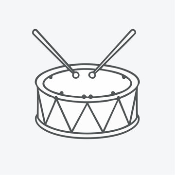 Minimal line art vector icon of a snare drum with drumsticks