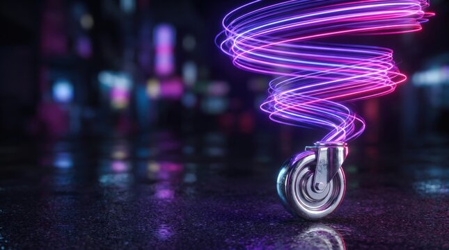 Caster wheel with fast neon light trails representing express Cyber Monday delivery