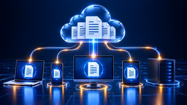 Cloud Computing File Sharing Network Connecting Digital Devices to Central Data Server