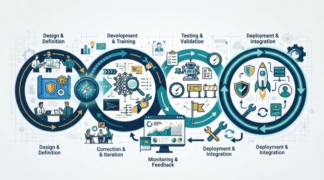 A diagram outlines the key stages of AI development including design, training, testing, and deployment of systems for practical use.