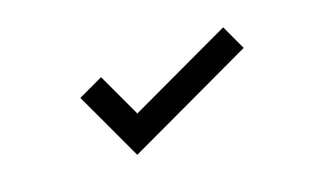 Black check mark icon isolated on white background for business approval and task completion.