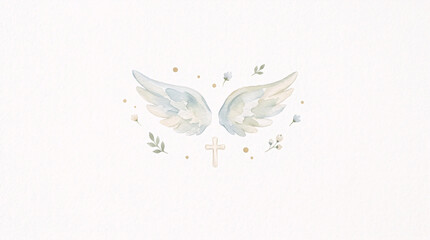Fototapeta premium Watercolor Angel Wings with Small Cross Christian Baptism Illustration