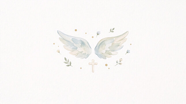 Watercolor Angel Wings with Small Cross Christian Baptism Illustration