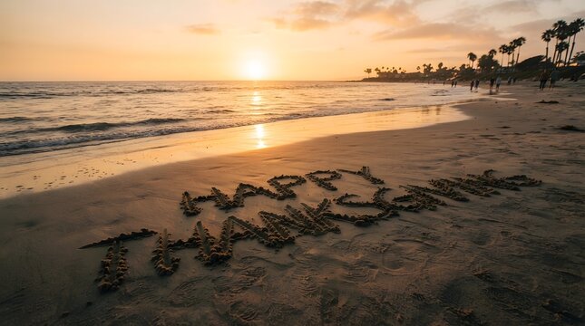 Happy thanksgiving written in the sand on a scenic beach at sunset with people walking in the distance