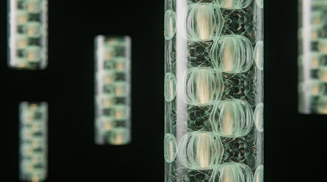 Transparent pyrosome cylinder displaying crystalline tunic zooids and glowing fiber optic patches forming a glass tube structure