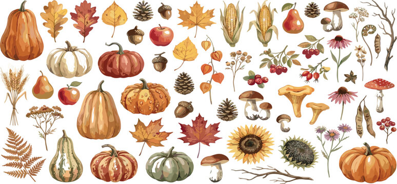 Autumn watercolor vector element set with pumpkins fall leaves corn mushrooms and floral harvest graphics