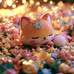 Fototapeta premium A small fox character rests in a pile of colorful leaves and flowers during a sunny day, enjoying a peaceful time.