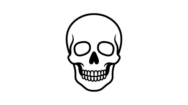 Minimalist human skull icon, simple black and white line art vector illustration.