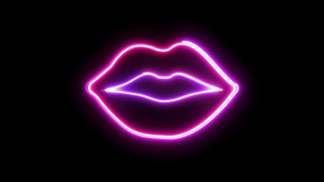 Neon lips animation on black background 4K video animation.
