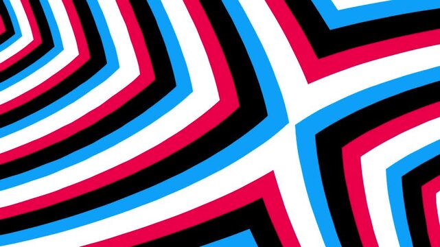 Hypnotic abstract background with waving geometric stripes in red, blue, white, and black