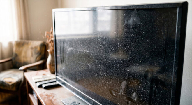Messy, dusty living room with a dirty TV screen and worn-out furniture in a neglected apartment
