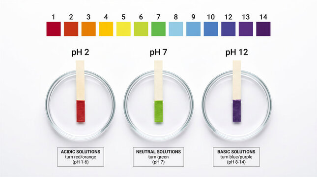 Laboratory pH test with color scale chart and Petri dishes showing acid, neutral and alkaline environment