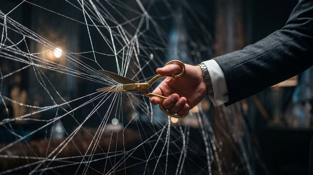 Businessman cutting intricate web with golden scissors in office room