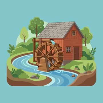 Flat vector illustration of a traditional wooden watermill house with a large rotating water wheel located by a flowing blue stream in a lush green forest landscape.