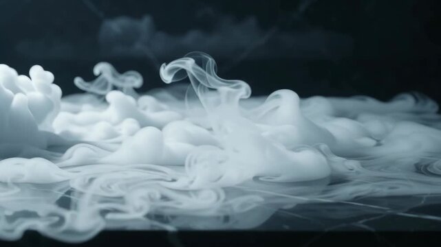 Thick white fog rolls and swirls slowly across a dark marble surface, creating a mysterious atmospheric effect in close-up slow motion.