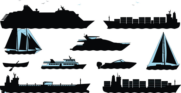Collection of ship and boat silhouettes including cruise liner, cargo vessel, tanker, yacht, sailboat, ferry, speedboat, and rowboat
