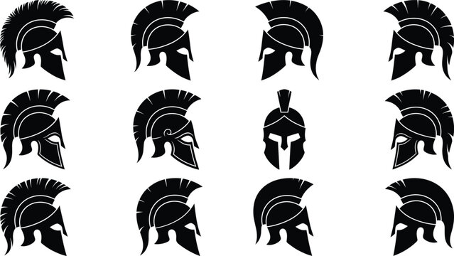 Collection of spartan helmet silhouettes, ancient Greek warrior armor icons, gladiator headwear designs isolated on white background