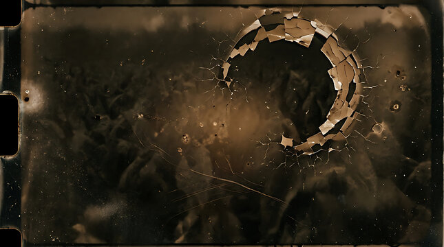 Vintage sepia film frame with circular burn damage and distressed texture overlay.