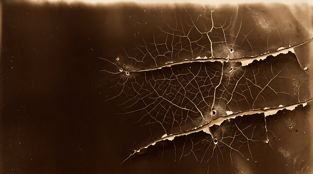 Close-up cracked glass texture with dramatic light and shadow in sepia tone for design projects