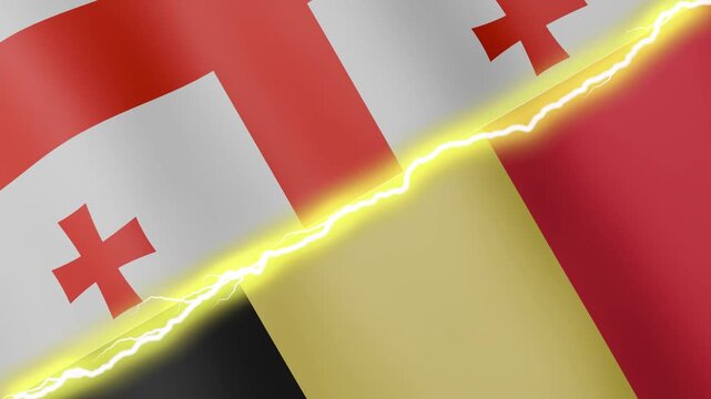 Two waving flags Georgia and Belgium with diagonal lightning seamless, 4k loop